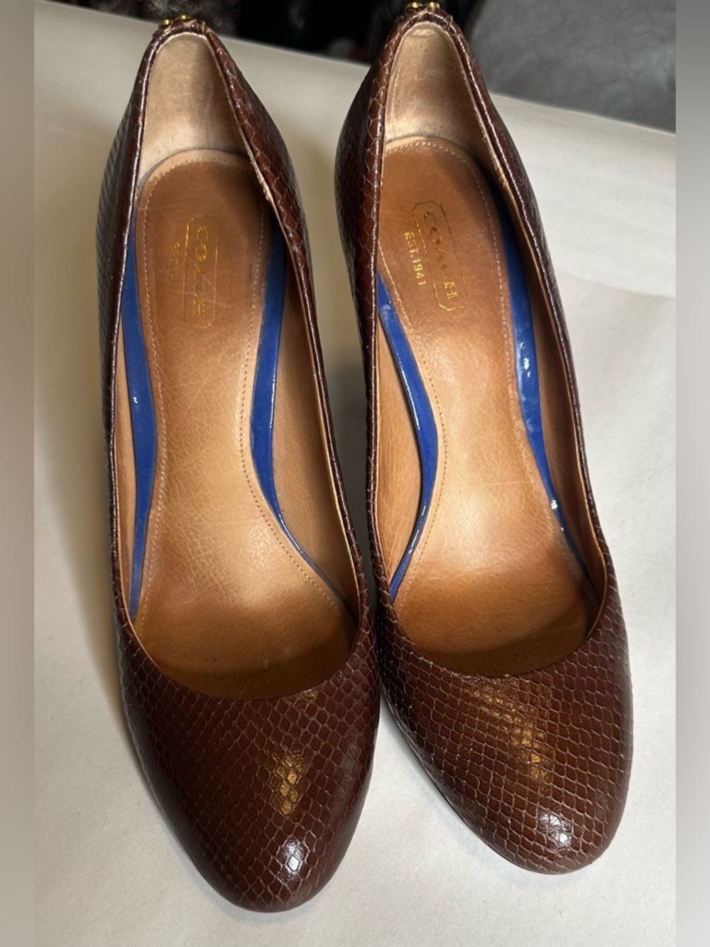 COACH Brown Textured Leather Pointed-Toe Pumps - Picture 2 of 7